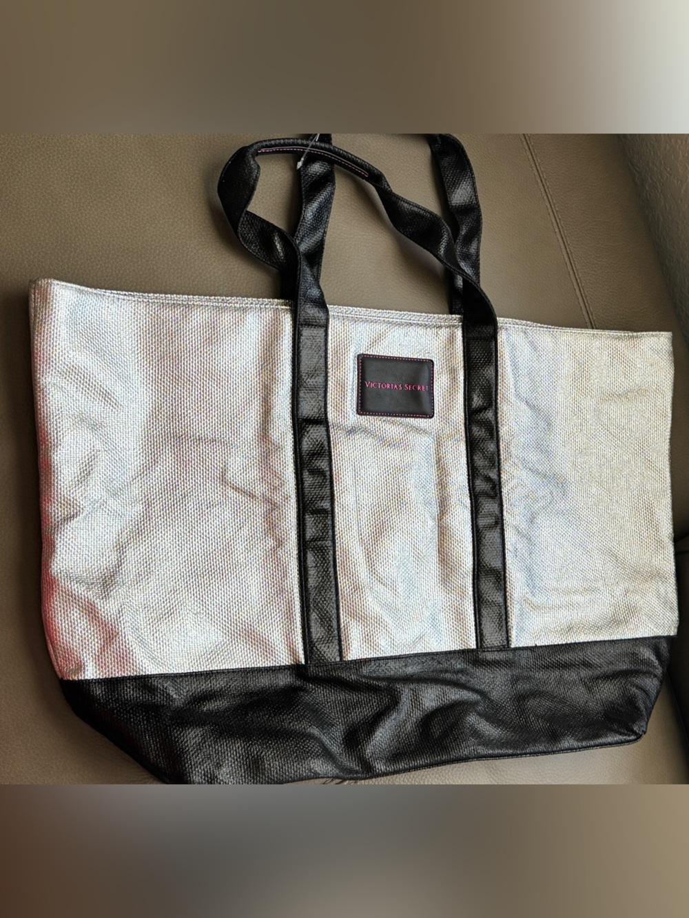 Victoria's Secret Silver Metallic Duffel with Black Trim